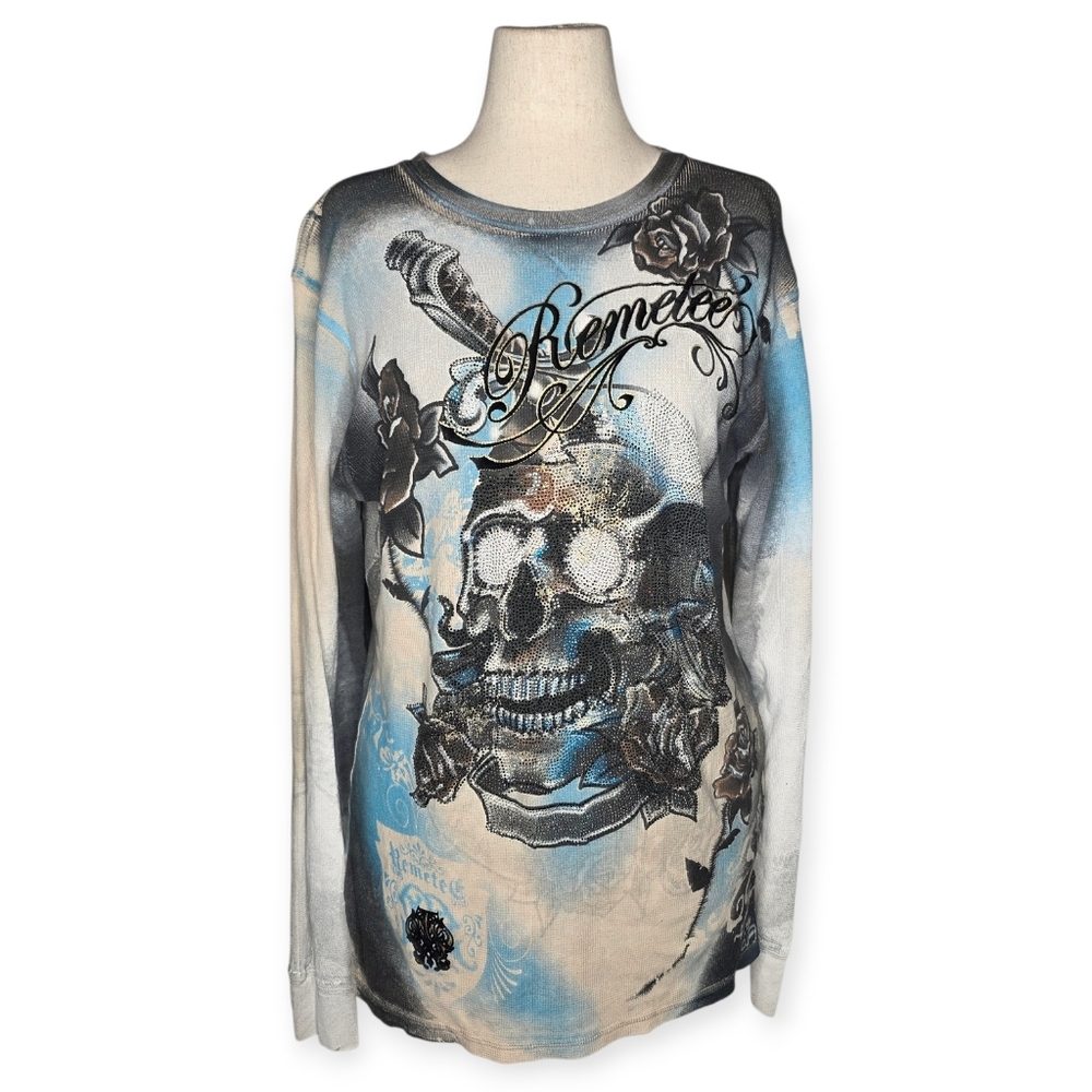 Remetee Rhinestone Skull Graphic Long Sleeve Top Women’s Large